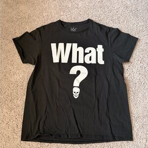 WWE Black Tee with White "What?" Text and Skull